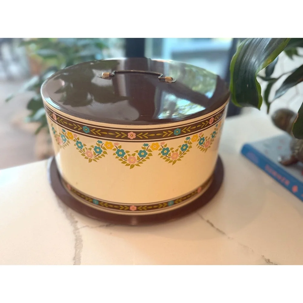Vintage 1960s Ballonoff Metal Cake Carrier Brown Cream Floral Tin Retro Kitchen